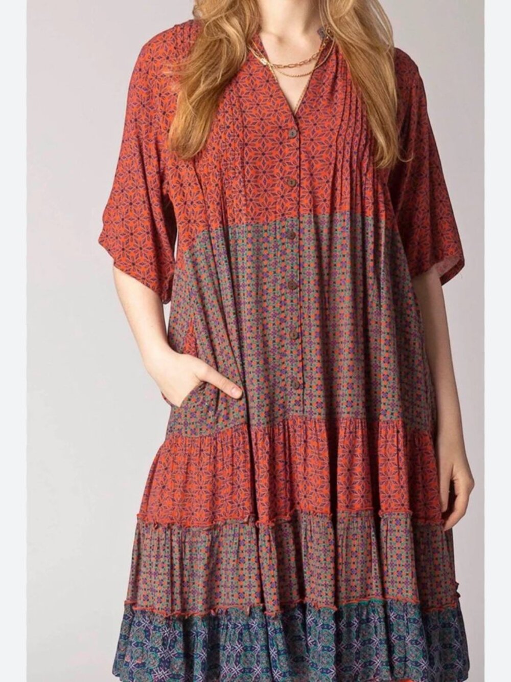 Windhorse Tiered Midi Dress Multicolor Print Rayon Boho Festival Flowy